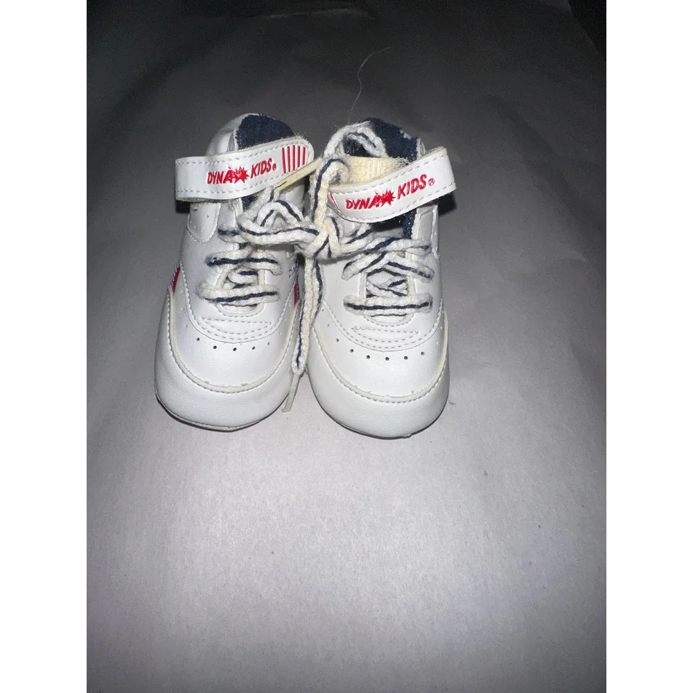 Vintage Dyna Kids Baby High Top Sneakers White Blue Red Soft Sole Crib Shoes 2